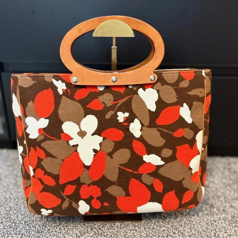 kate spade vintage Brown Orange Cream Floral Canvas Tote with Leather handles!